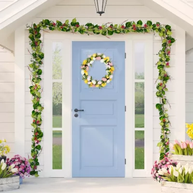 Northlight 22" Pink And Yellow Eggs And Flower Buds Artificial Unlit Wreath