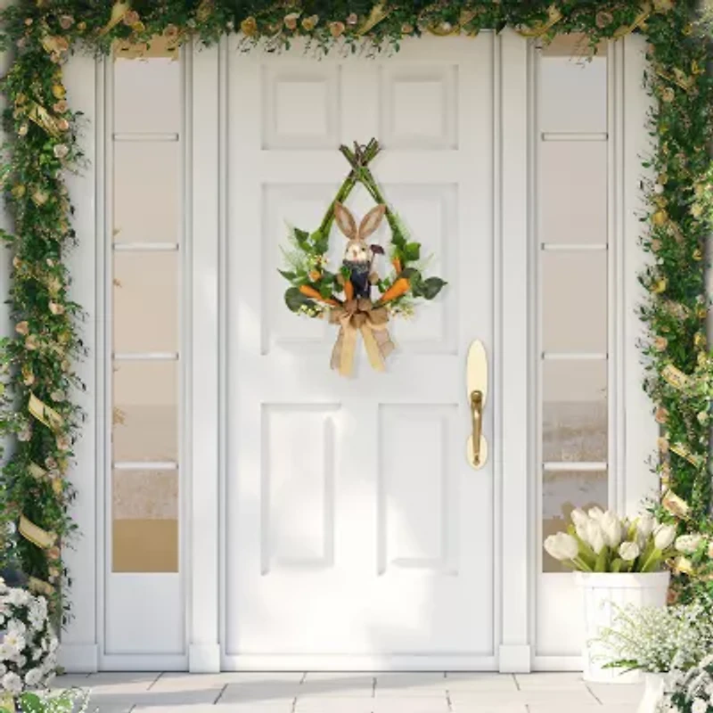 Northlight 22" Green And Orange Farmer Bunny Moss Vines Unlit Wreath