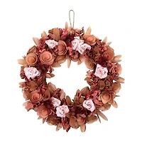 Northlight 12" Pink Silk Roses And Wooden Flowers Artificial Unlit Wreath