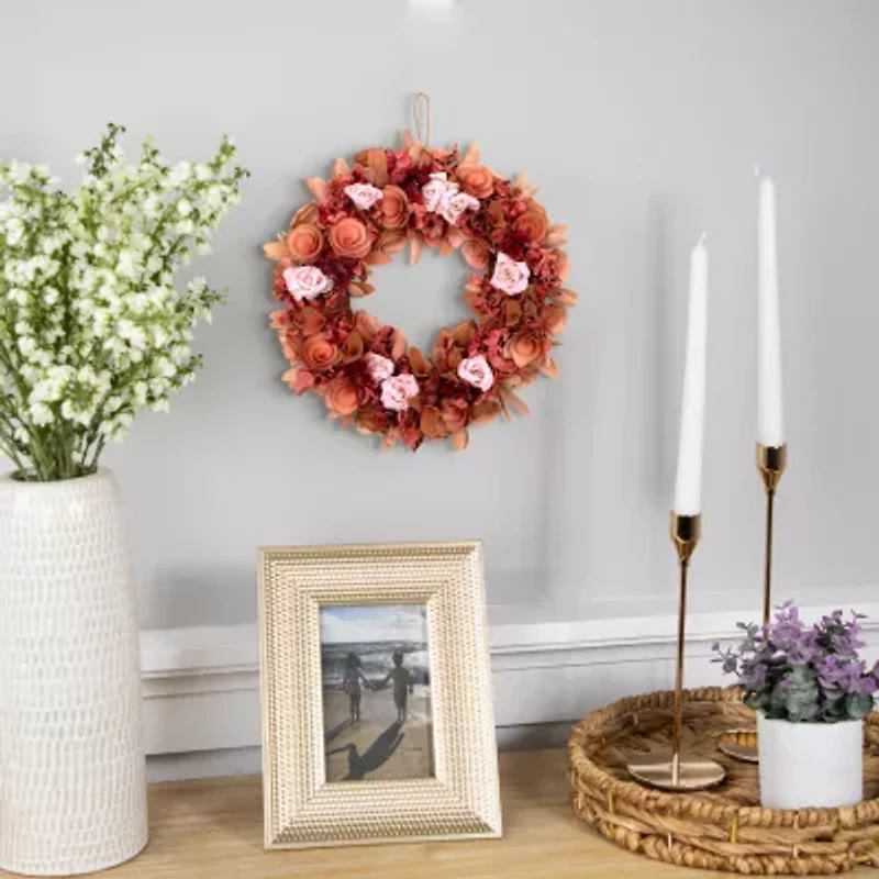 Northlight 12" Pink Silk Roses And Wooden Flowers Artificial Unlit Wreath
