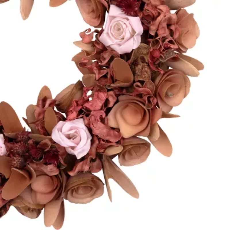 Northlight 12" Pink Silk Roses And Wooden Flowers Artificial Unlit Wreath