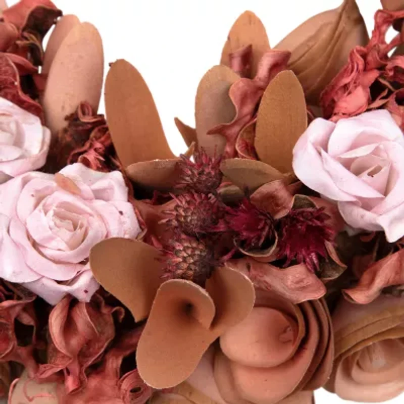 Northlight 12" Pink Silk Roses And Wooden Flowers Artificial Unlit Wreath