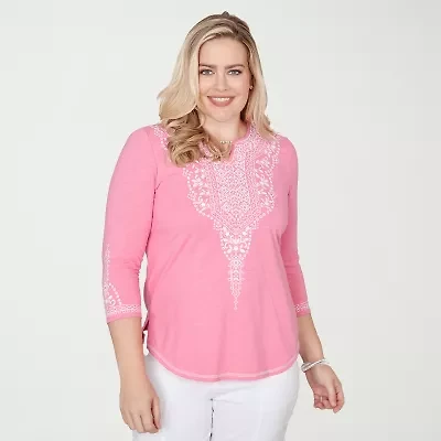 Alfred Dunner Womens Split Crew Neck 3/4 Sleeve T-Shirt