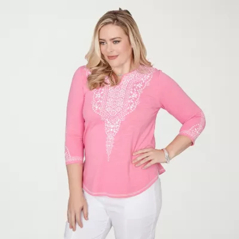 Alfred Dunner Womens Split Crew Neck 3/4 Sleeve T-Shirt