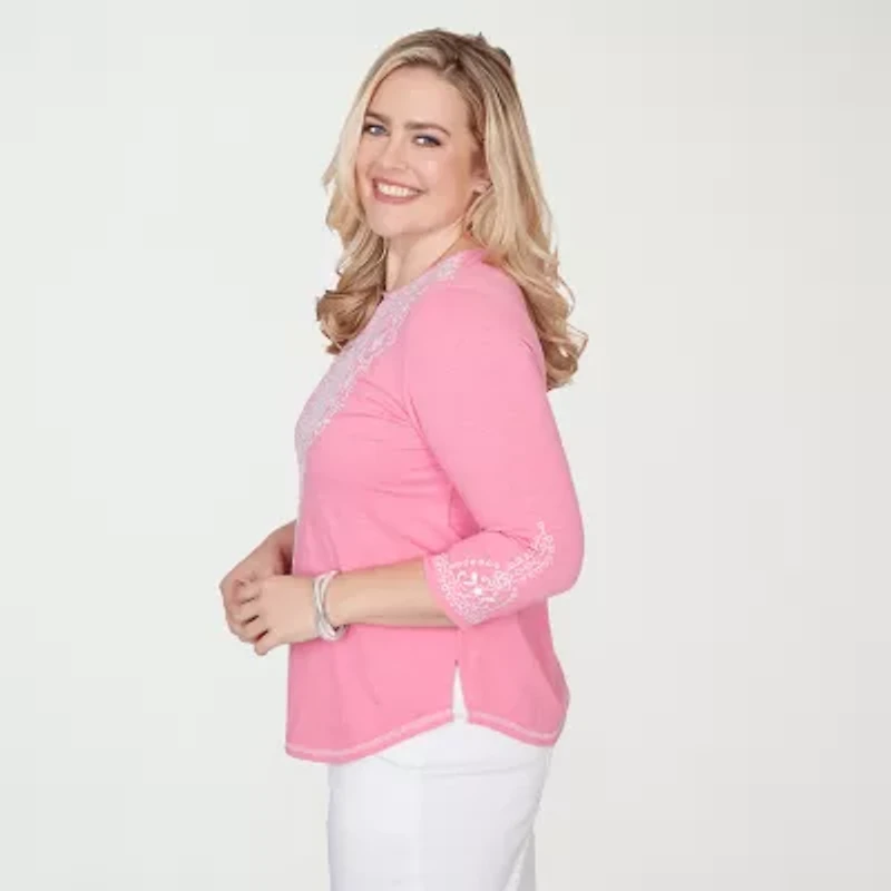 Alfred Dunner Womens Split Crew Neck 3/4 Sleeve T-Shirt