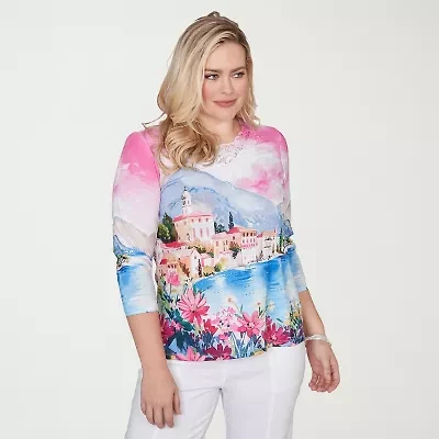 Alfred Dunner Womens Crew Neck 3/4 Sleeve T-Shirt