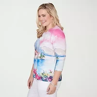 Alfred Dunner Womens Crew Neck 3/4 Sleeve T-Shirt