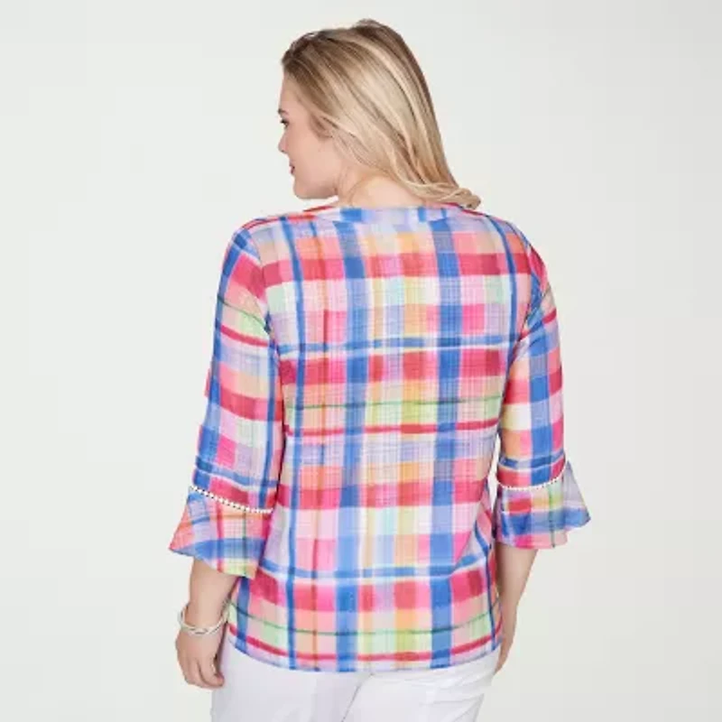 Alfred Dunner Womens Split Crew Neck 3/4 Sleeve Blouse