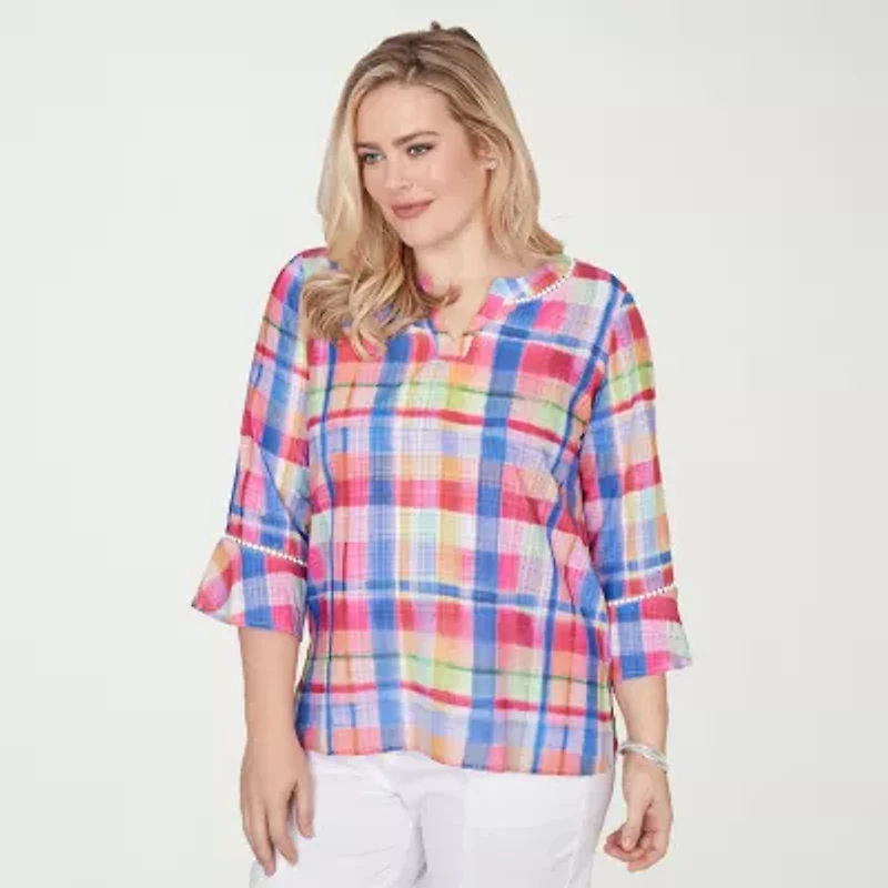 Alfred Dunner Womens Split Crew Neck 3/4 Sleeve Blouse