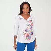 Alfred Dunner Womens V Neck 3/4 Sleeve T-Shirt