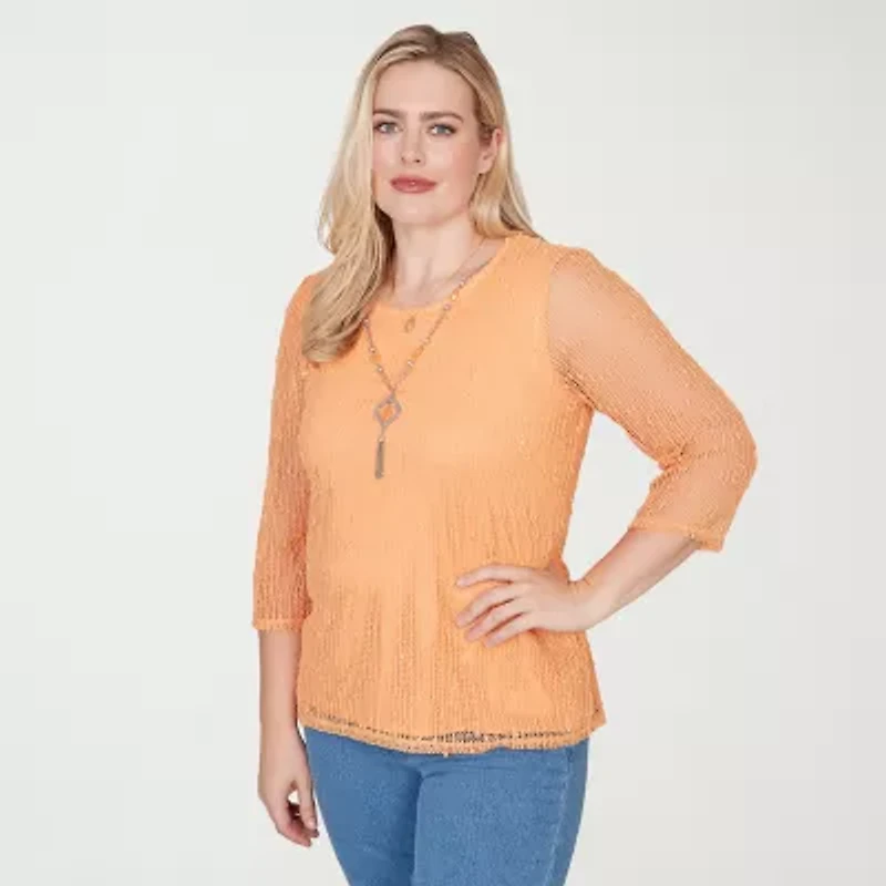 Alfred Dunner Womens Crew Neck 3/4 Sleeve T-Shirt