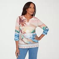 Alfred Dunner Womens Keyhole Neck 3/4 Sleeve T-Shirt