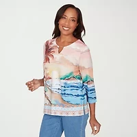 Alfred Dunner Womens Keyhole Neck 3/4 Sleeve T-Shirt