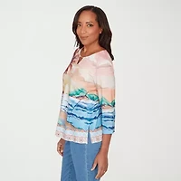 Alfred Dunner Womens Keyhole Neck 3/4 Sleeve T-Shirt