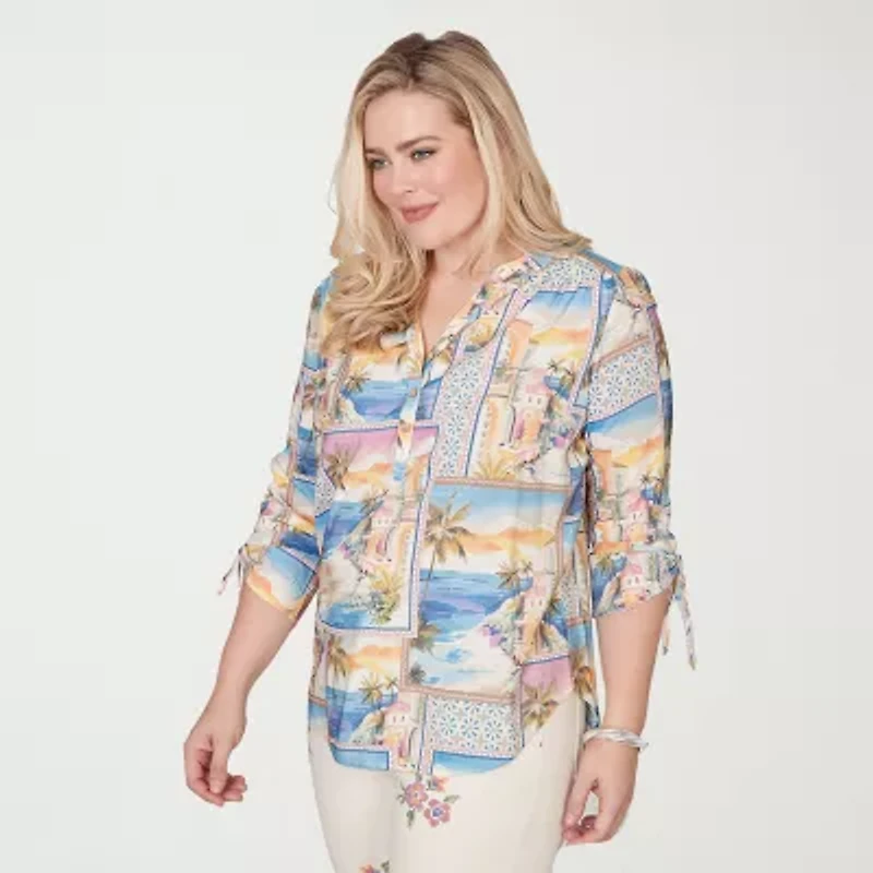 Alfred Dunner Womens V Neck 3/4 Sleeve Blouse