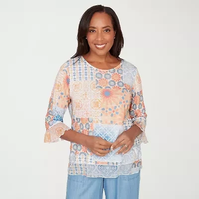 Alfred Dunner Womens Crew Neck 3/4 Sleeve T-Shirt