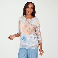 Alfred Dunner Beachcomber Womens Crew Neck 3/4 Sleeve T-Shirt