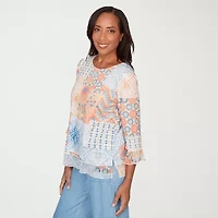 Alfred Dunner Beachcomber Womens Crew Neck 3/4 Sleeve T-Shirt