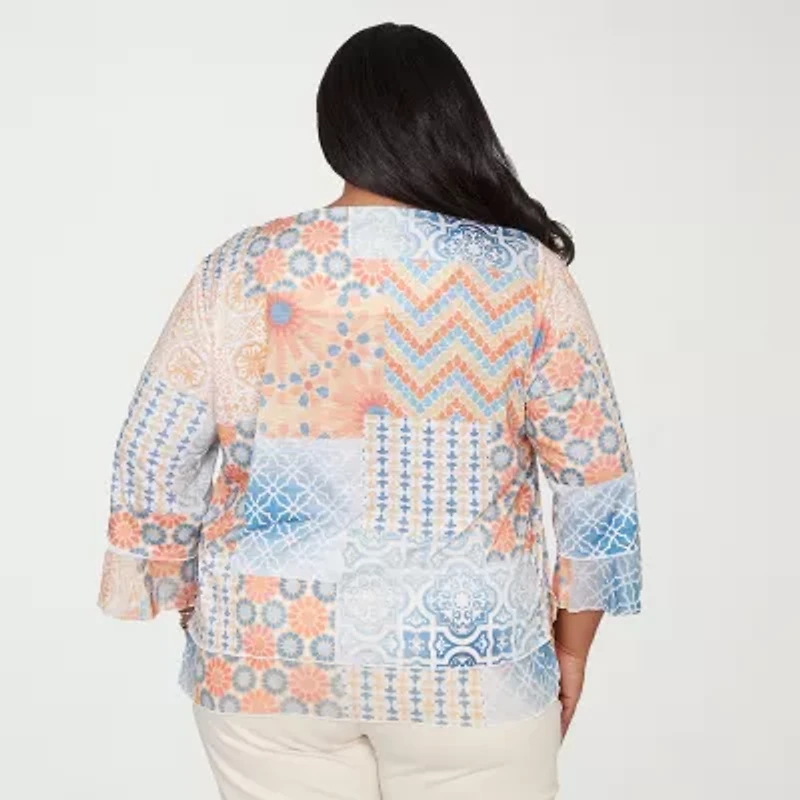 Alfred Dunner Womens Plus Crew Neck 3/4 Sleeve T-Shirt