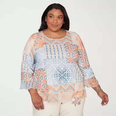 Alfred Dunner Womens Plus Crew Neck 3/4 Sleeve T-Shirt