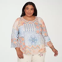 Alfred Dunner Womens Plus Crew Neck 3/4 Sleeve T-Shirt