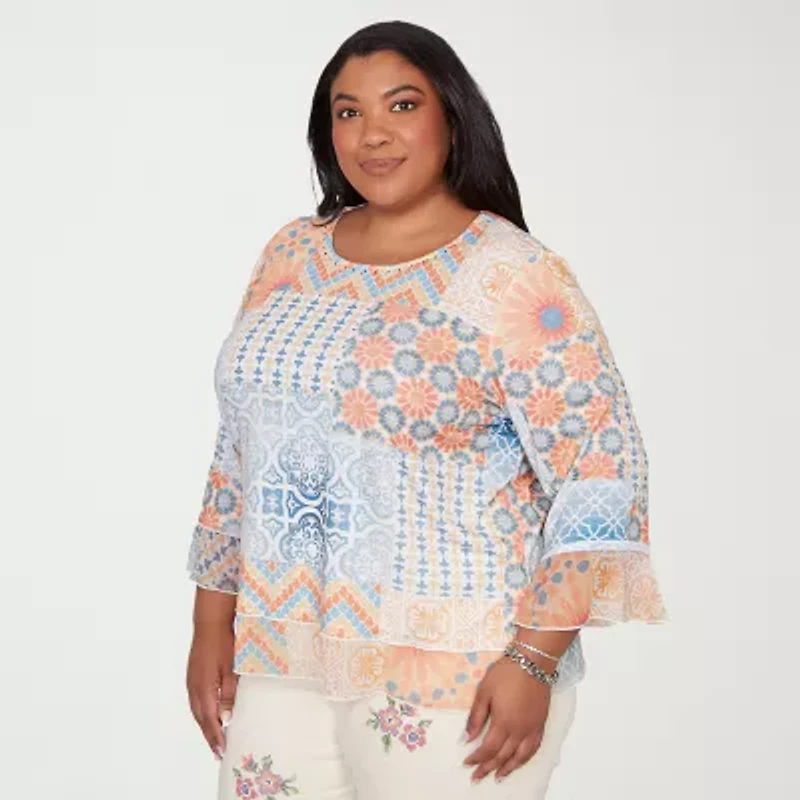 Alfred Dunner Womens Plus Crew Neck 3/4 Sleeve T-Shirt