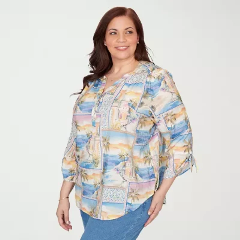 Alfred Dunner Womens Plus Split Crew Neck 3/4 Sleeve Blouse