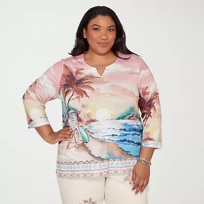 Alfred Dunner Womens Plus Split Crew Neck 3/4 Sleeve T-Shirt