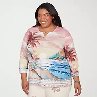 Alfred Dunner Womens Plus Split Crew Neck 3/4 Sleeve T-Shirt