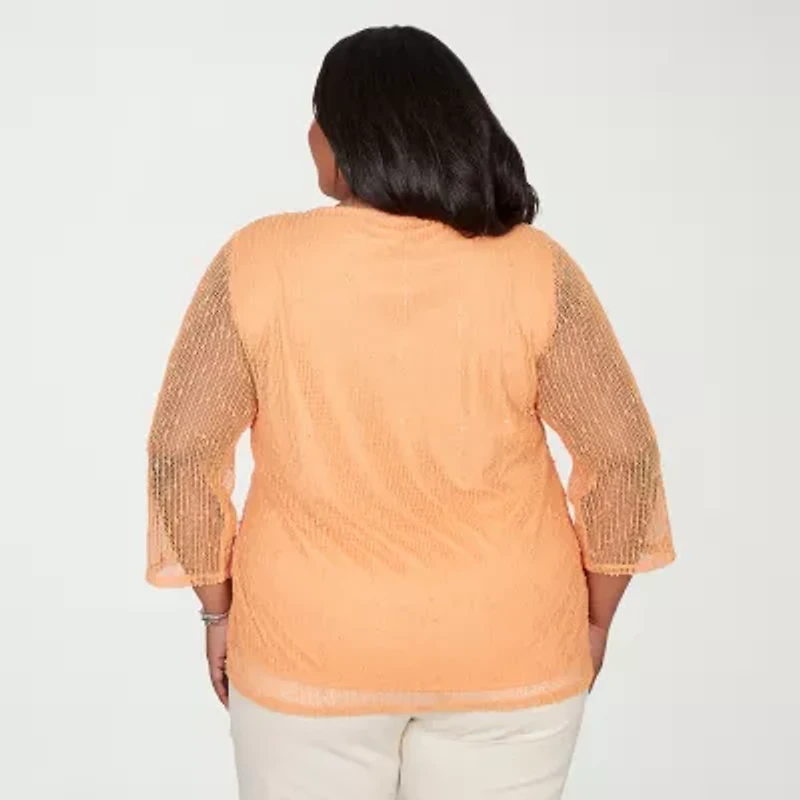 Alfred Dunner Womens Plus Crew Neck 3/4 Sleeve T-Shirt