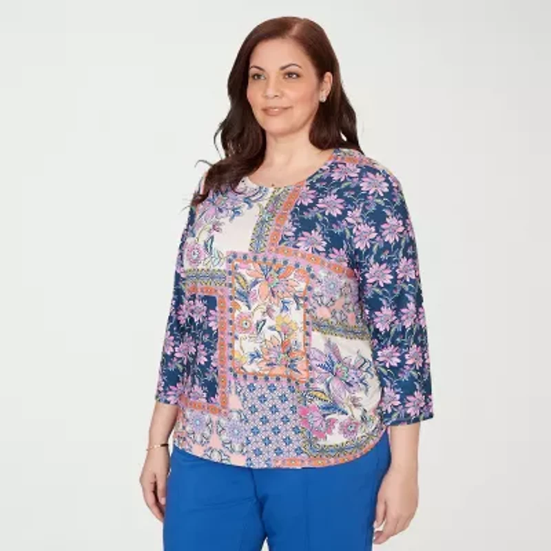 Alfred Dunner Womens Plus Crew Neck 3/4 Sleeve T-Shirt