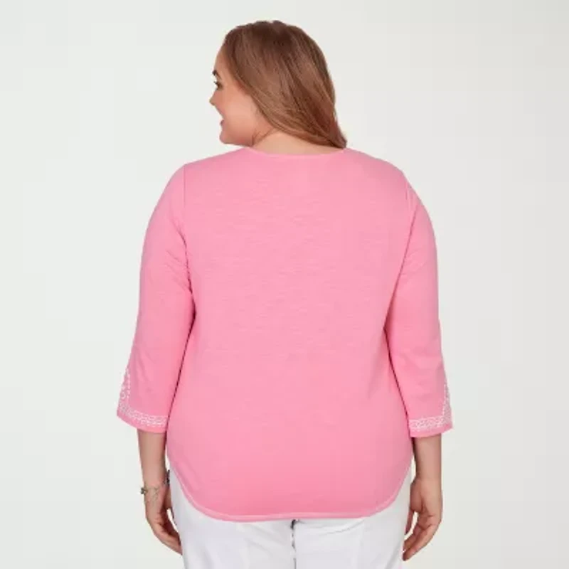 Alfred Dunner Womens Plus Split Crew Neck 3/4 Sleeve T-Shirt