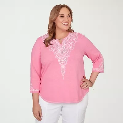 Alfred Dunner Womens Plus Split Crew Neck 3/4 Sleeve T-Shirt