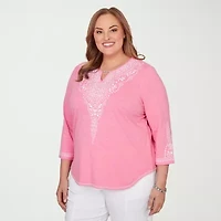 Alfred Dunner Womens Plus Split Crew Neck 3/4 Sleeve T-Shirt