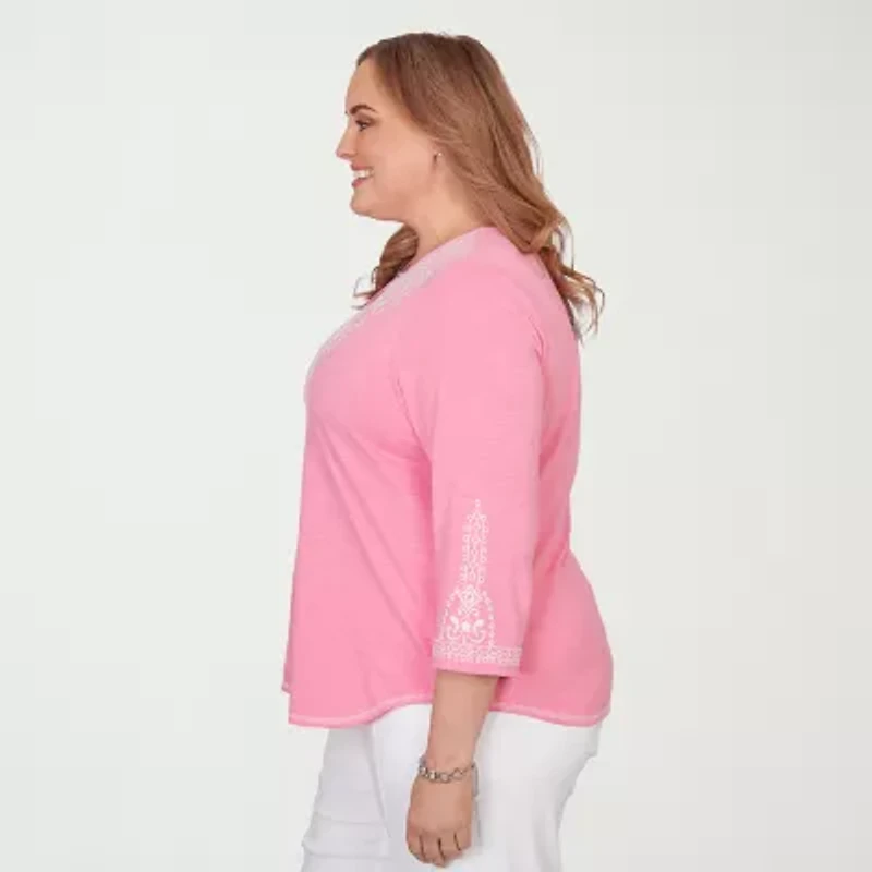 Alfred Dunner Womens Plus Split Crew Neck 3/4 Sleeve T-Shirt