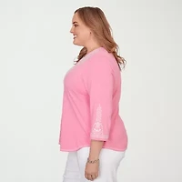 Alfred Dunner Womens Plus Split Crew Neck 3/4 Sleeve T-Shirt