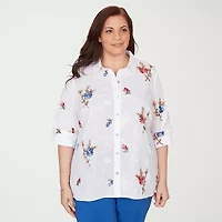 Alfred Dunner Womens Plus Cuffed 3/4 Sleeve Embroidered Button-Down Shirt