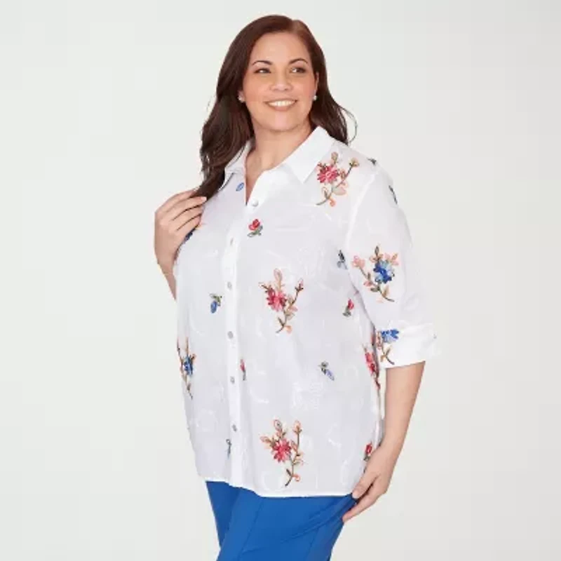Alfred Dunner Womens Plus Cuffed 3/4 Sleeve Embroidered Button-Down Shirt