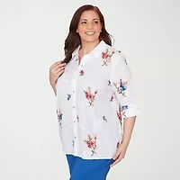 Alfred Dunner Womens Plus Cuffed 3/4 Sleeve Embroidered Button-Down Shirt