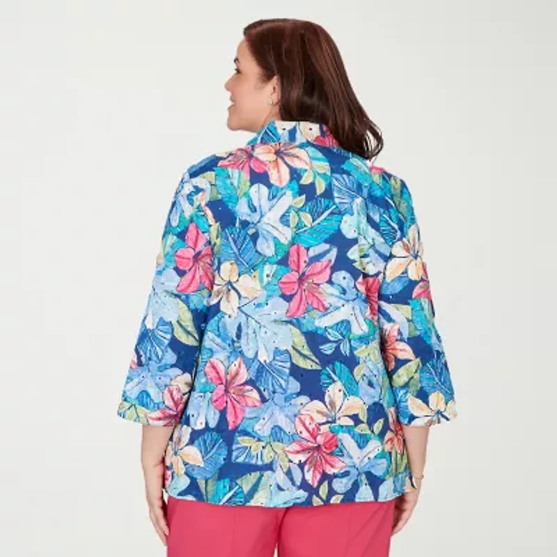 Alfred Dunner Womens Plus Cuffed 3/4 Sleeve Button-Down Shirt