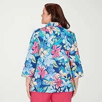 Alfred Dunner Womens Plus Cuffed 3/4 Sleeve Button-Down Shirt