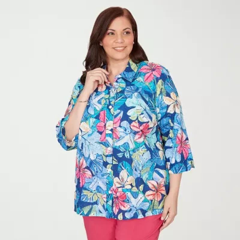 Alfred Dunner Womens Plus Cuffed 3/4 Sleeve Button-Down Shirt