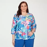 Alfred Dunner Womens Plus Crew Neck 3/4 Sleeve T-Shirt