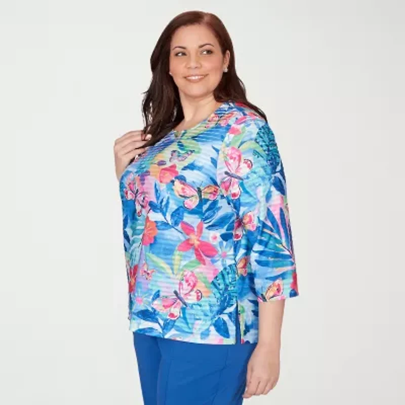 Alfred Dunner Womens Plus Crew Neck 3/4 Sleeve T-Shirt