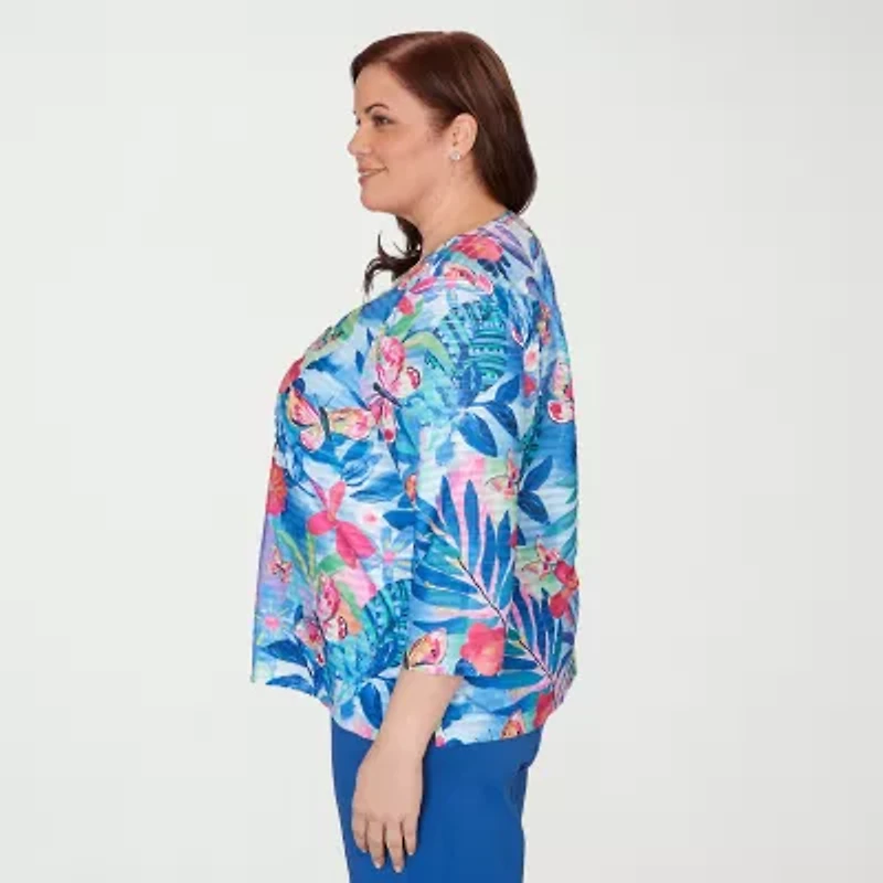 Alfred Dunner Womens Plus Crew Neck 3/4 Sleeve T-Shirt