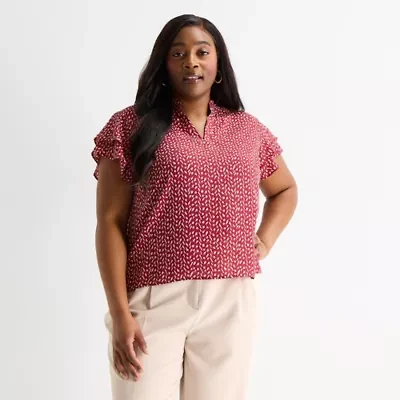 Liz Claiborne Womens Plus V Neck Short Sleeve Blouse