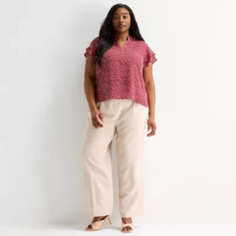 Liz Claiborne Womens Plus V Neck Short Sleeve Blouse