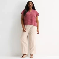 Liz Claiborne Womens Plus V Neck Short Sleeve Blouse