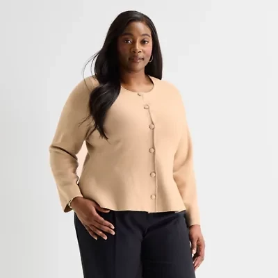 Liz Claiborne Womens Crew Neck Long Sleeve Button Plus Cardigan