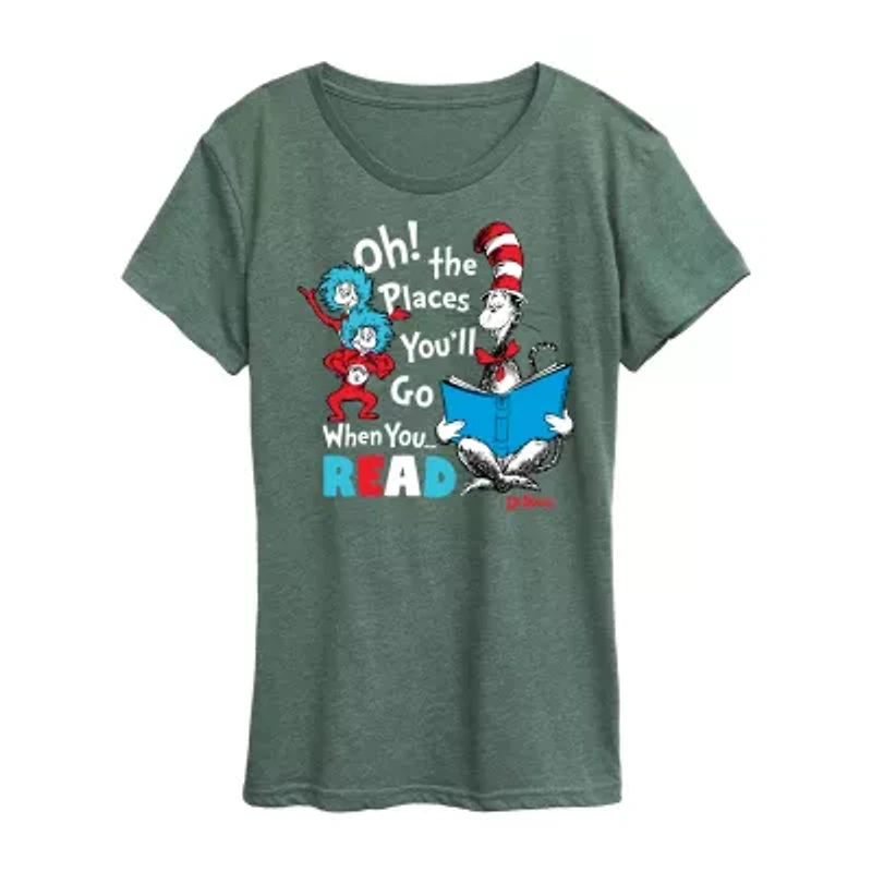 Oh Places Youll Go When You Read Womens Scoop Neck Short Sleeve Classic Fit Dr. Seuss Graphic T-Shirt